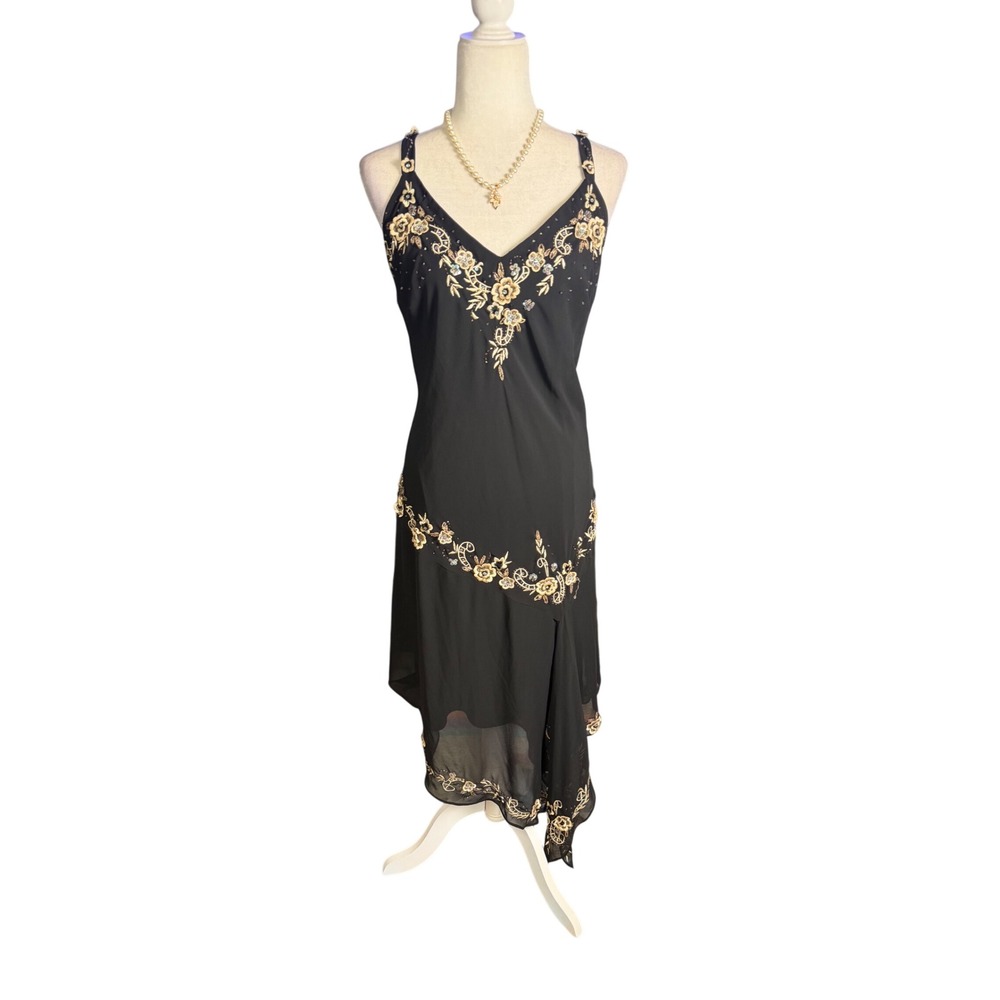 Vintage R&M Richards Beaded Embroidered Fairycore Evening Dress Black Plus Size